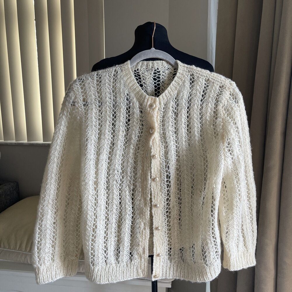Vintage 50’s 60’s Mohair Wool Open Knit Cardigan Sweater Cream M